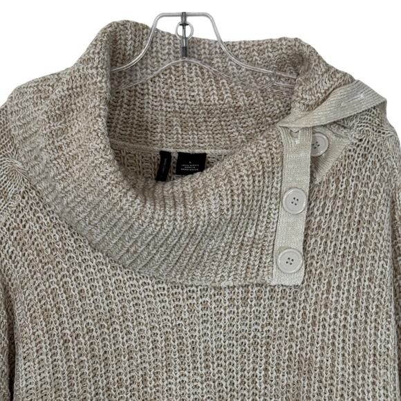 Ivory Marled Sweater L Button Cowl Neck Chunky Cable Knit Detail Oatmeal Cozy - Picture 2 of 14
